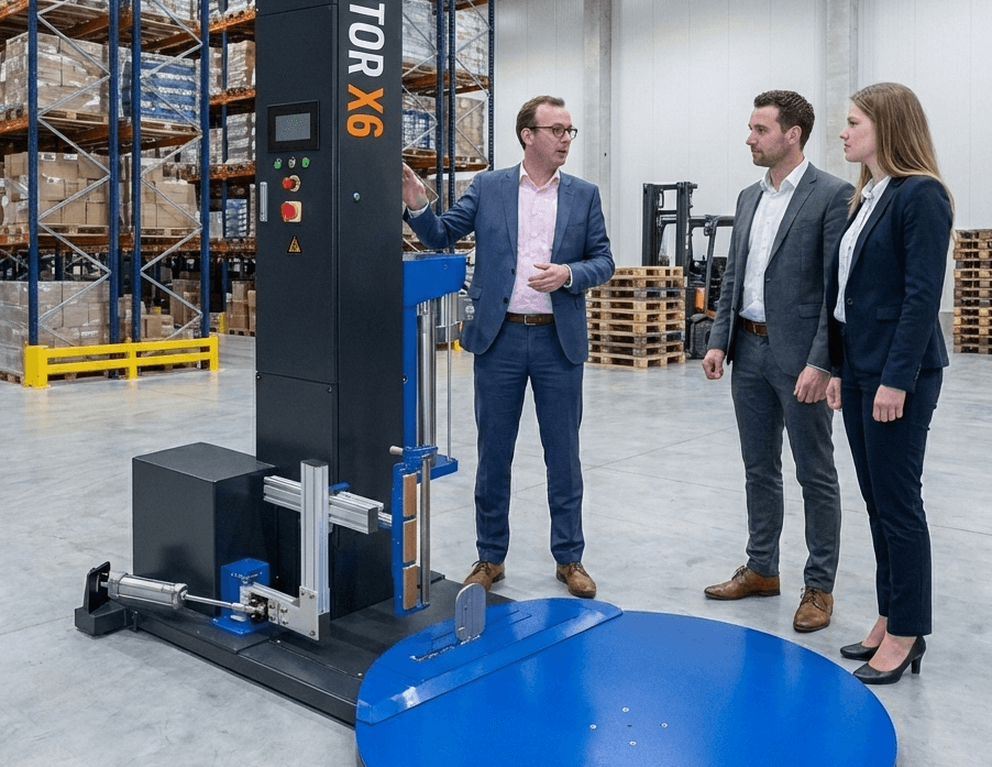Wraptor specialist adviseert klanten bij een palletwikkelaar in een modern logistiek magazijn.