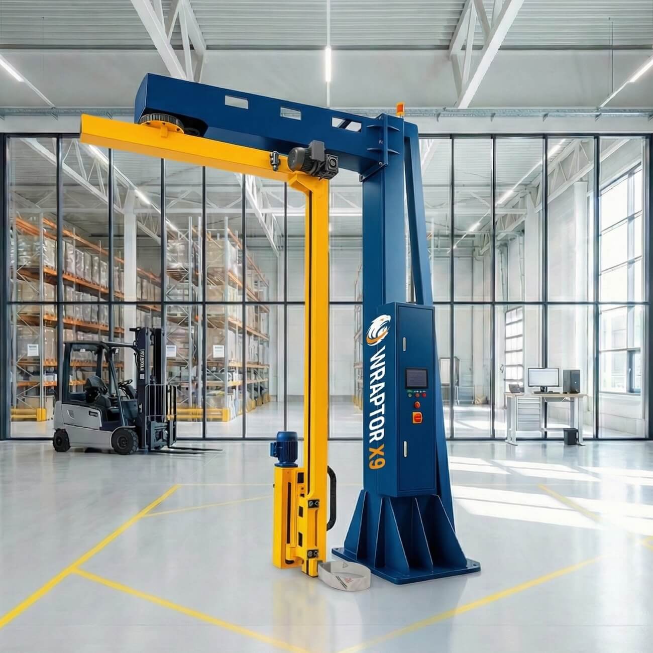 Wraptor X9 halfautomatische draaiarm palletwikkelaar voor zware en instabiele ladingen.